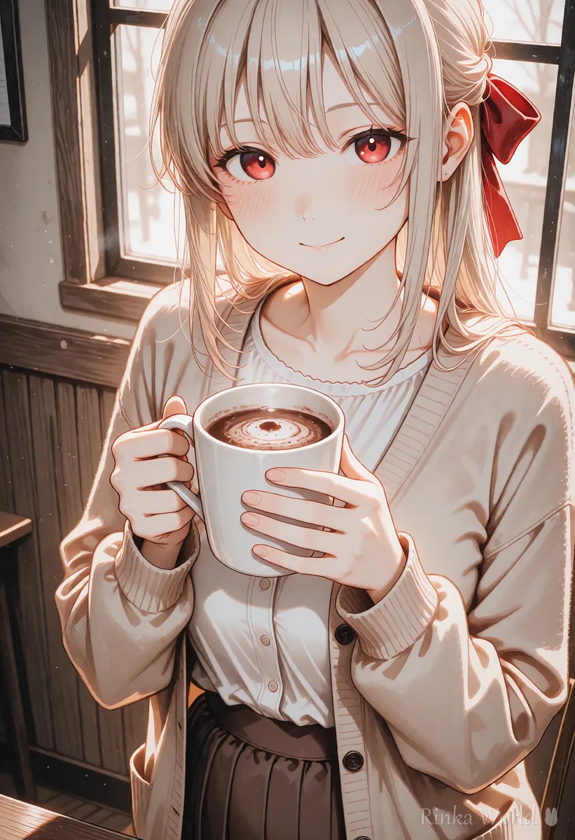 カフェの窓辺でココアを持つ女の子のアニメイラスト　Leonardo AIのプロンプトの考え方の例