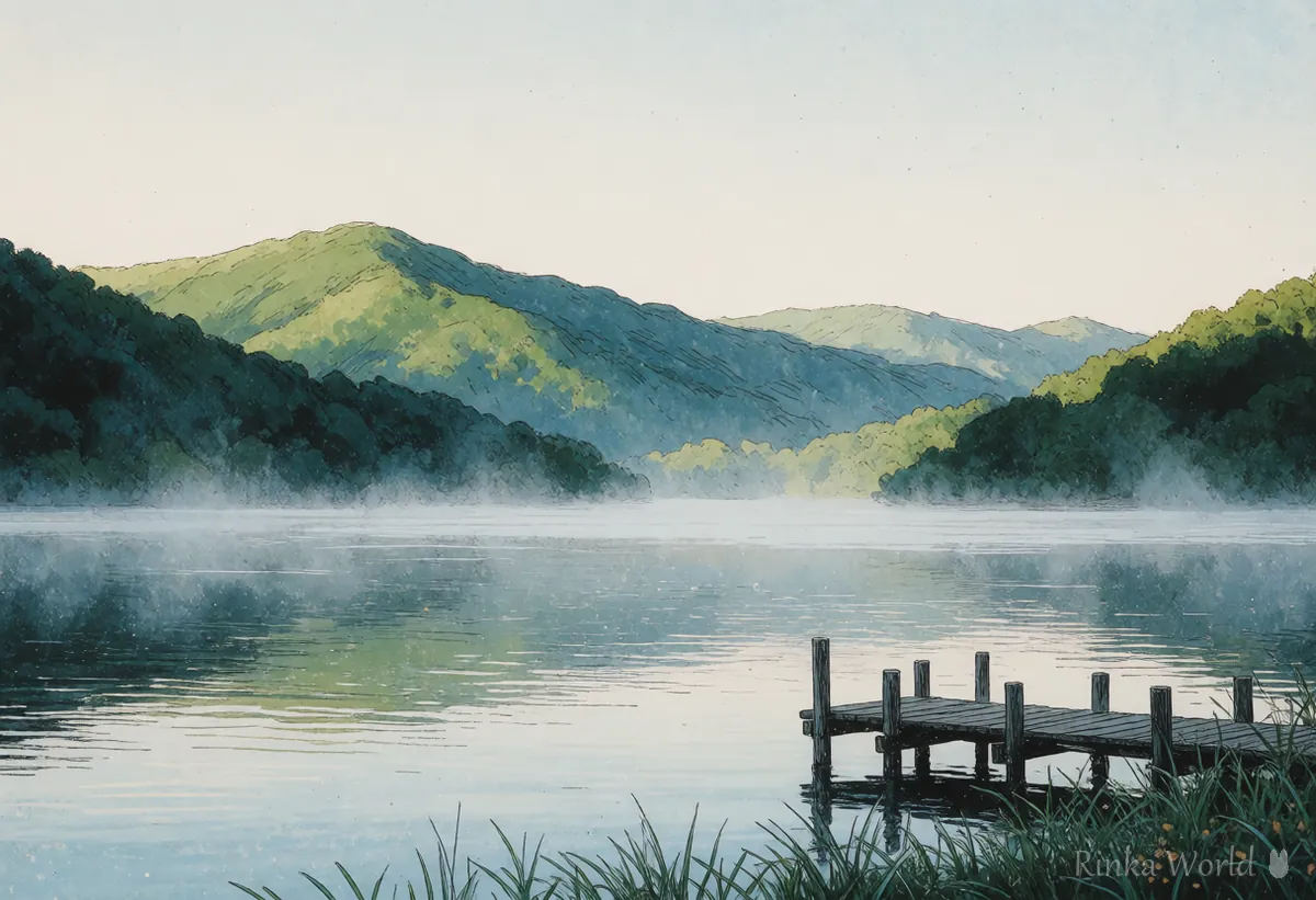 朝もやの湖と山のアニメ風景イラスト　人物を入れない背景の作り方の例