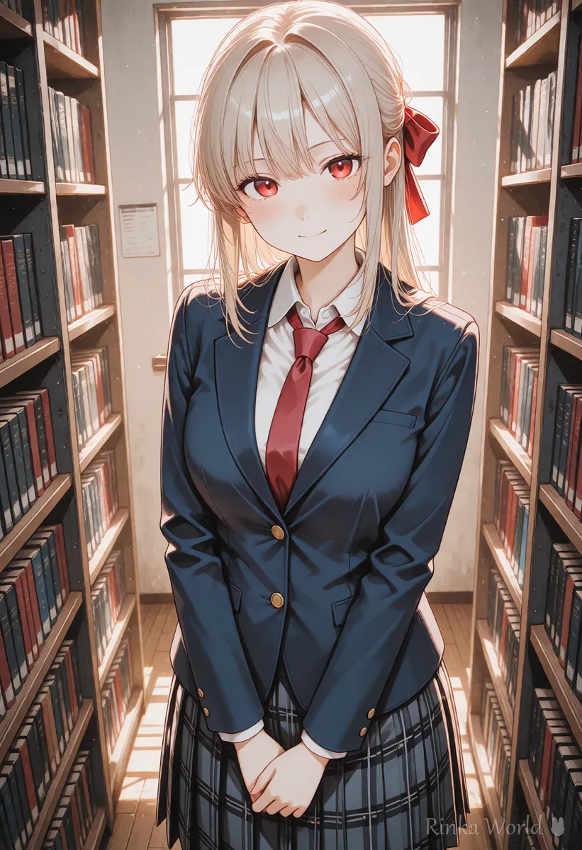 Anime girl in a blazer smiling in a library aisle, researching and checking terms