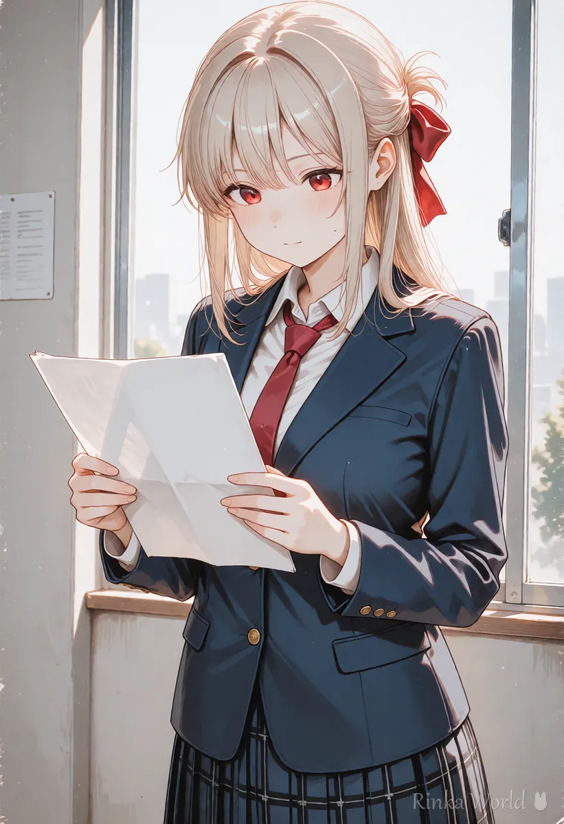 Anime girl in a blazer carefully reading a sheet of paper, checking a model license