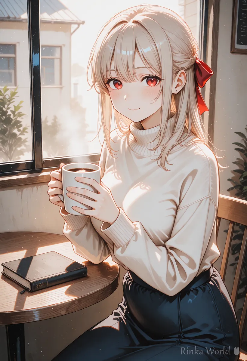 Anime girl holding a mug beside a closed notebook, keeping notes on what she checked