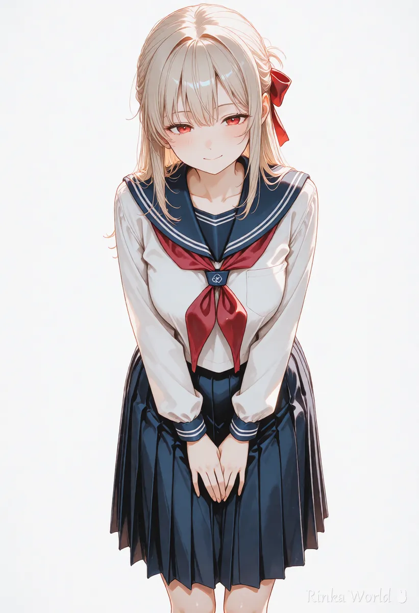 Anime girl bowing with her eyes closed, a thank-you sticker example