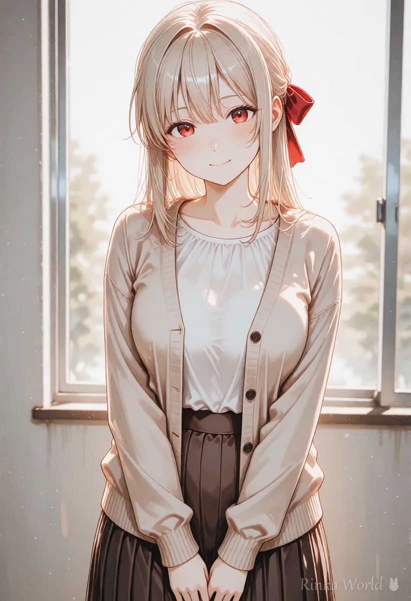 明るい部屋でこちらを見てほほえむ女の子のイラスト あいさつの口パク動画の1枚目の例