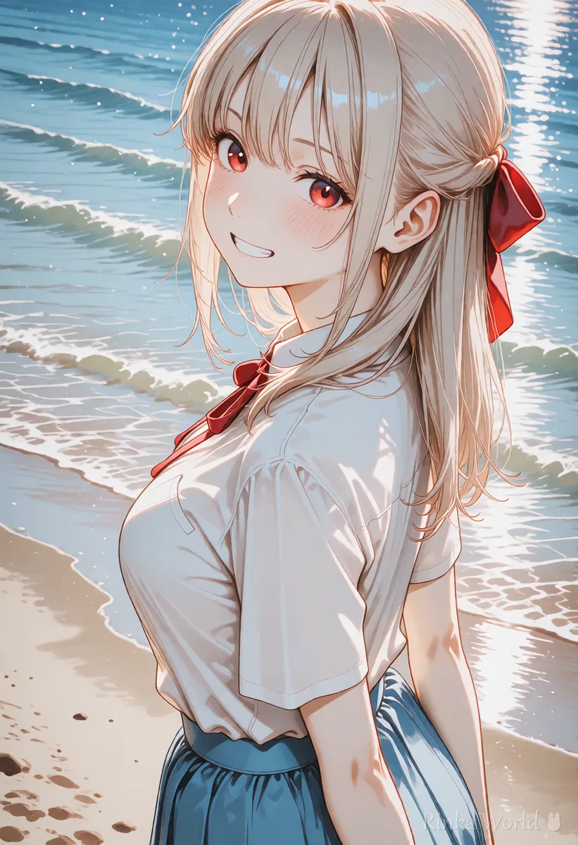 同じキャラクターを別の場面で描いた例2：海辺で振り向く女の子のイラスト
