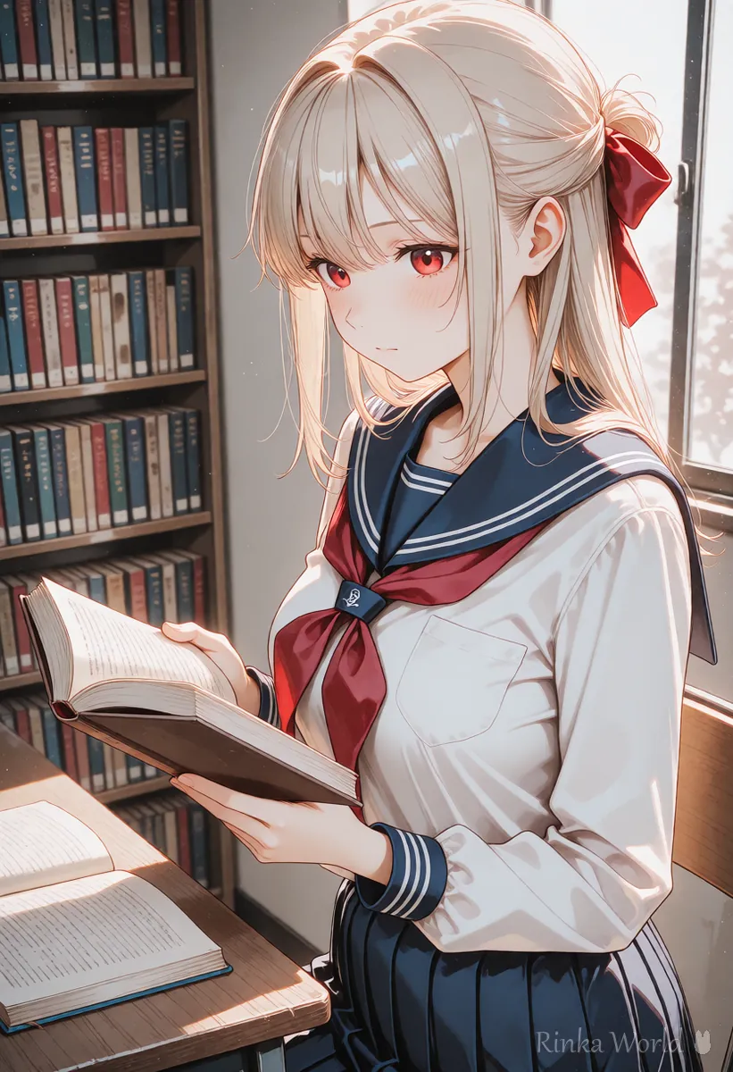 同じキャラクターを別の場面で描いた例1：図書室で本を読む女の子のイラスト