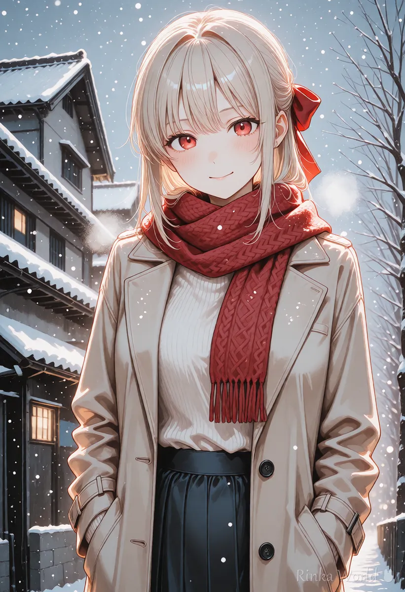 同じキャラクターを別の場面で描いた例3：雪の日にマフラーを巻いた女の子のイラスト
