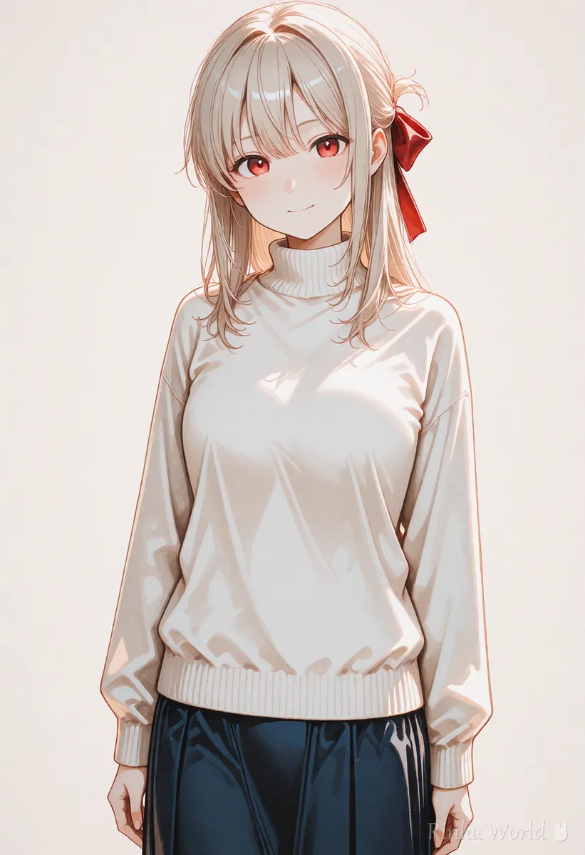 無地に近い背景に立つセーターの女の子のイラスト 背景をシンプルにして軽く作る時の参考イメージ