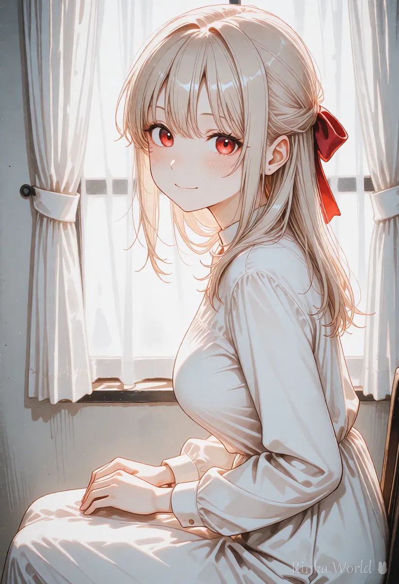 窓辺でこちらを向いてほほえむ女の子のイラスト　最初と最後の絵を指定する動画の「最後の絵」の例