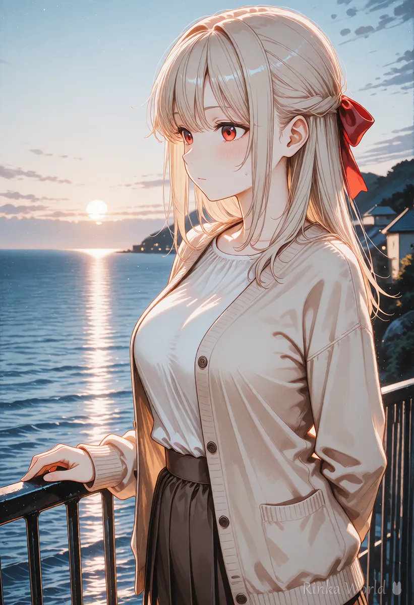 海辺の手すりに立って海を見つめる女の子のアニメイラスト　Luma Dream Machine の1コマ目の例