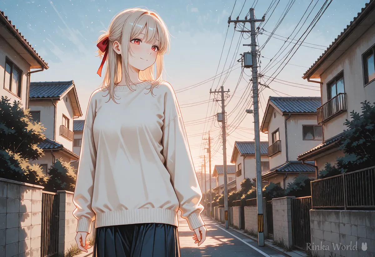Landscape aspect ratio anime scene of a girl on a street at sunset