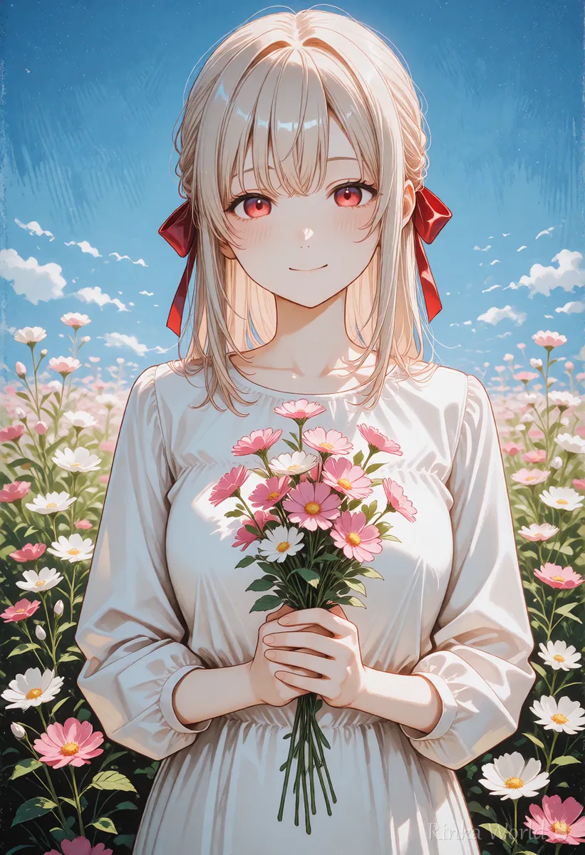 花畑で小さな花束を両手で持つ女の子のイラスト　部分修正で持ち物を足す参考イメージ