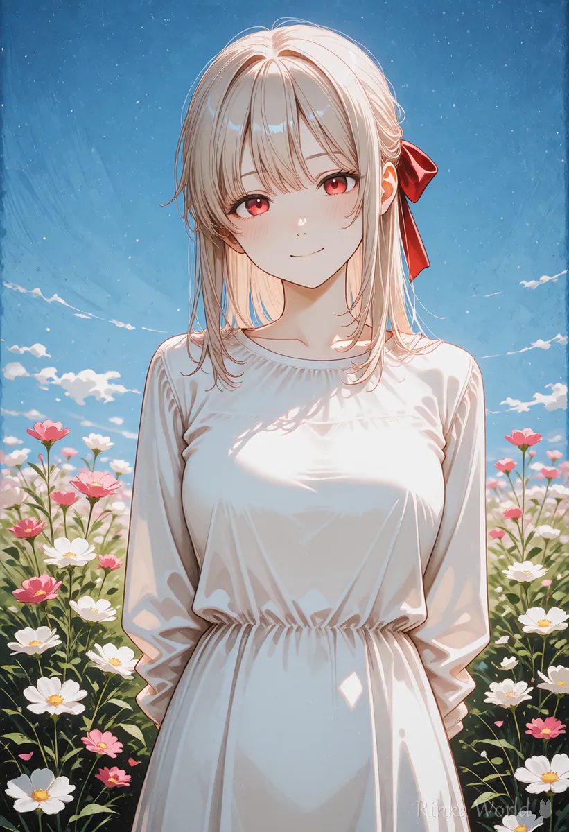 同じ花畑で帽子を外した女の子のイラスト　部分修正で帽子だけを消す参考イメージ