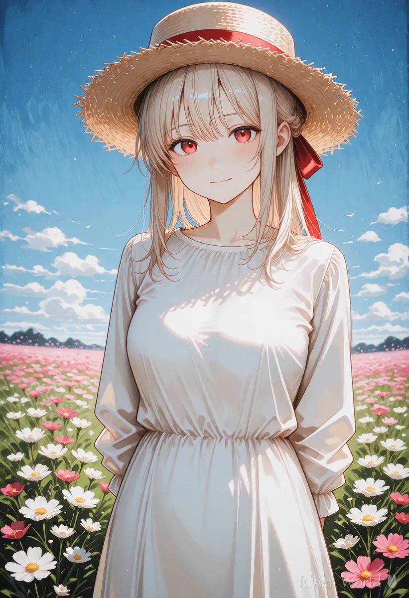 麦わら帽子をかぶって花畑に立つ女の子のアニメイラスト　Midjourneyの部分修正で直す前の絵の参考