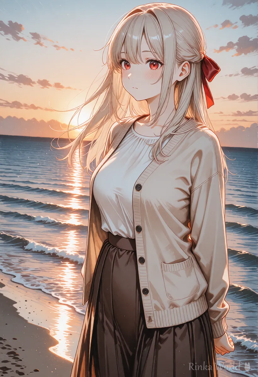 夕焼けの海辺で風に髪をなびかせる女の子の雰囲気のあるイラスト Midjourneyとの比較の参考