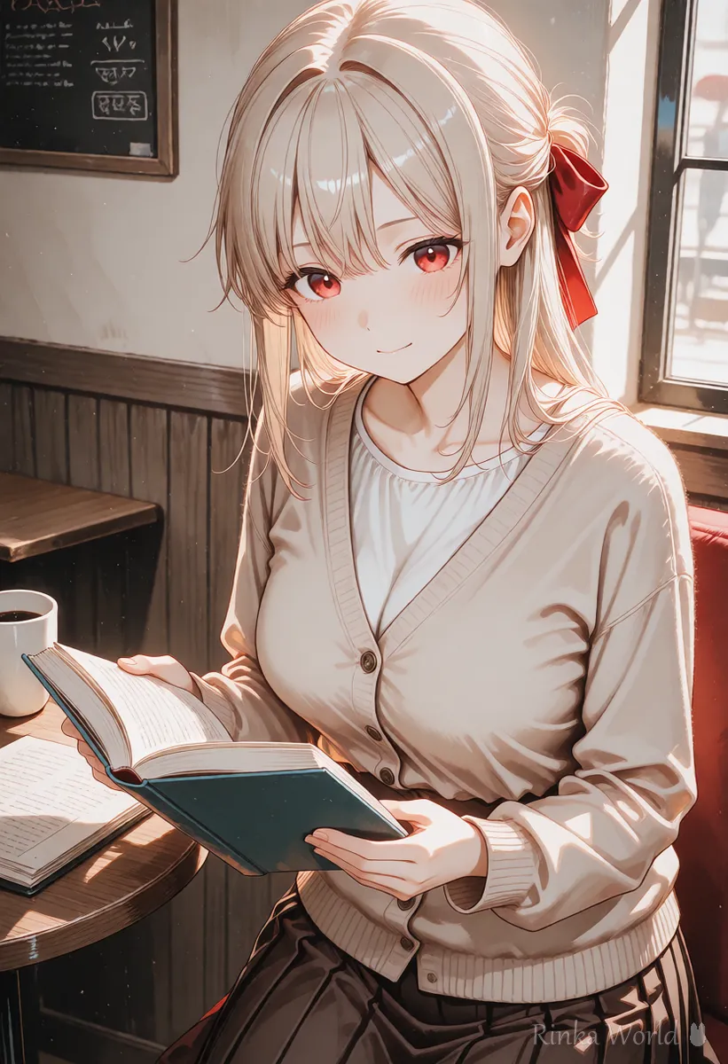 同じキャラクターで作った連作の1枚目 カフェで本を読む女の子のイラスト