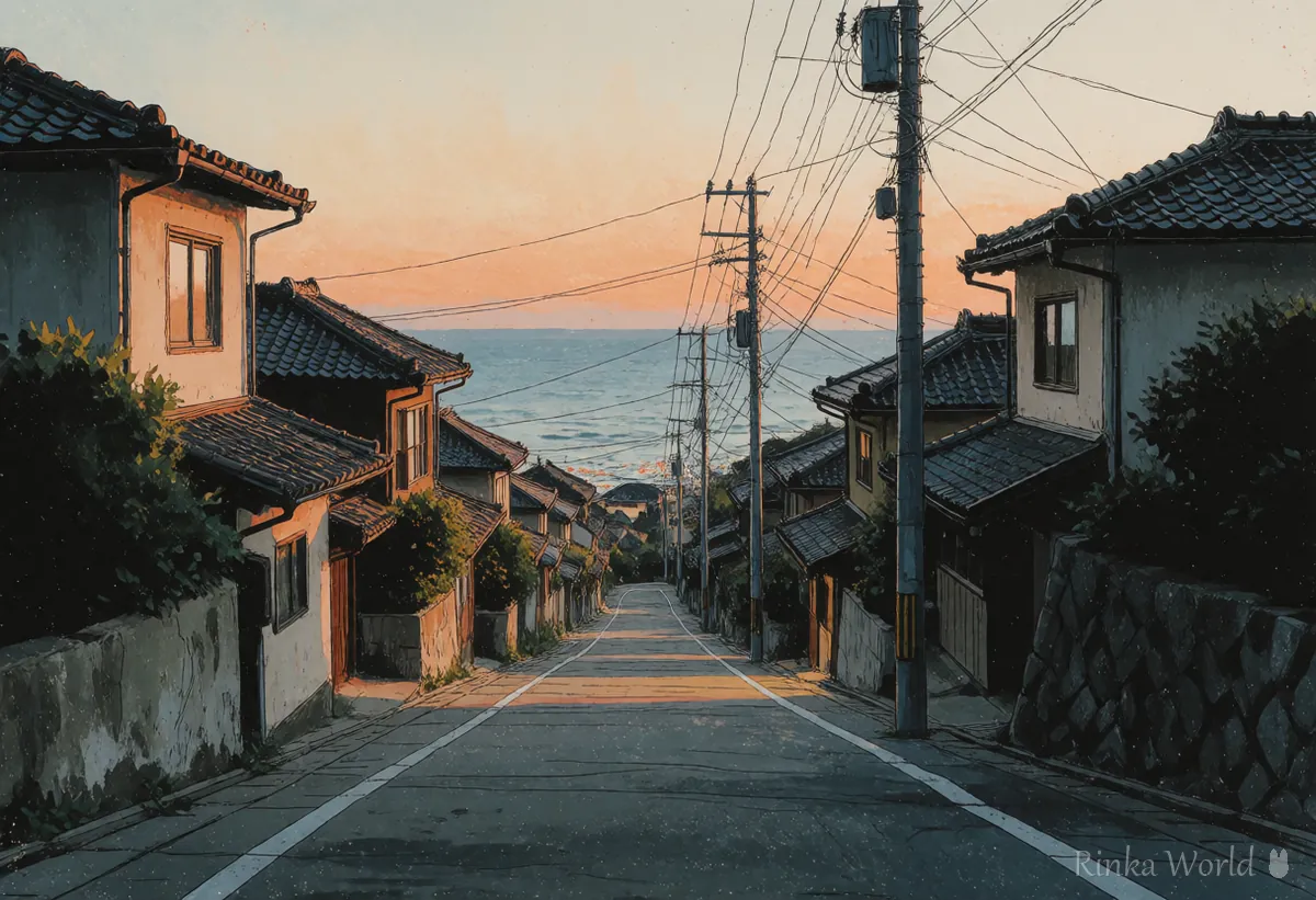 人物のいない夕暮れの坂道の町並みのアニメ背景 背景向けのモデルのイメージ