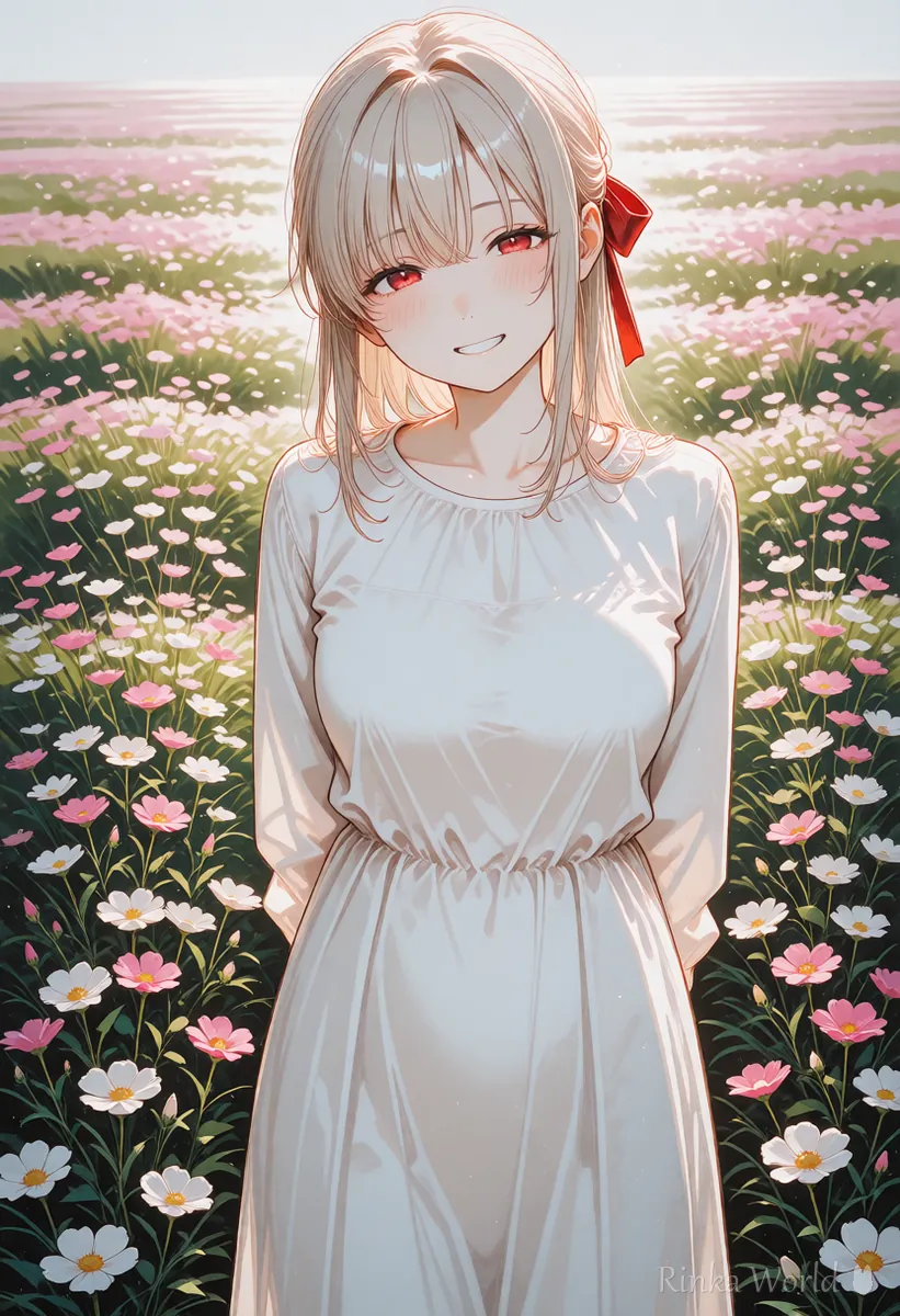 やわらかい色合いで描かれた花畑の女の子のイラスト 絵柄の違いで選ぶモデルのイメージ