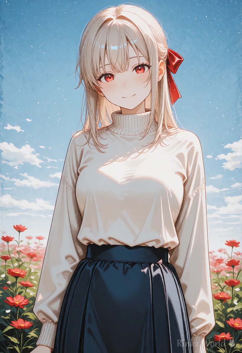2つの絵柄の中間のような塗りの女の子のイラスト　モデルマージで混ぜた後の仕上がりのイメージ