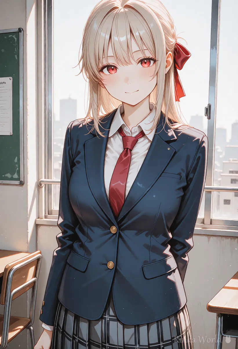 教室でほほえむブレザーの女の子のアニメイラスト LoRAを足す前の基準の絵のイメージ