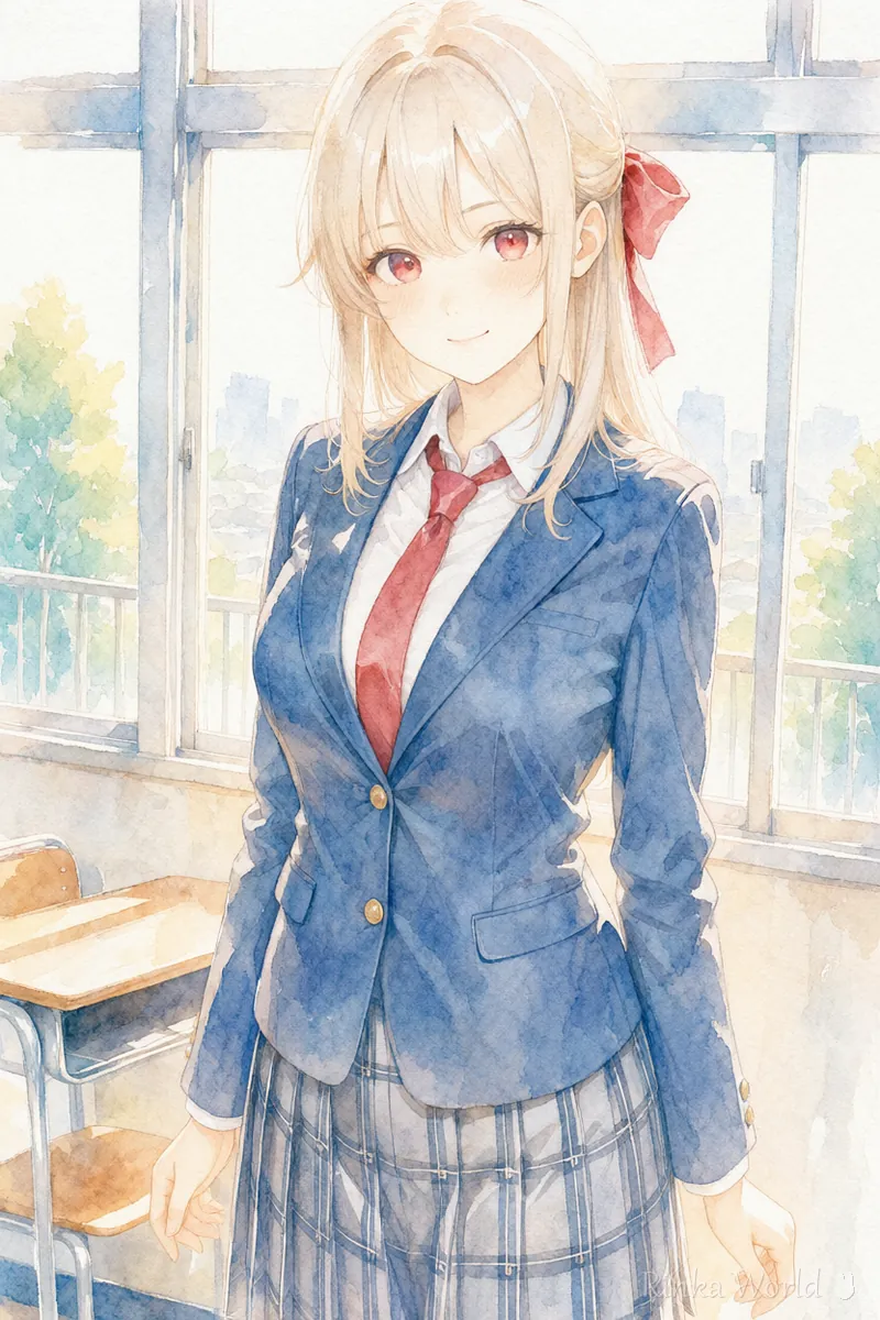 やわらかい水彩画風に描いた教室の女の子のイラスト 画風を足した時の変わり方のイメージ