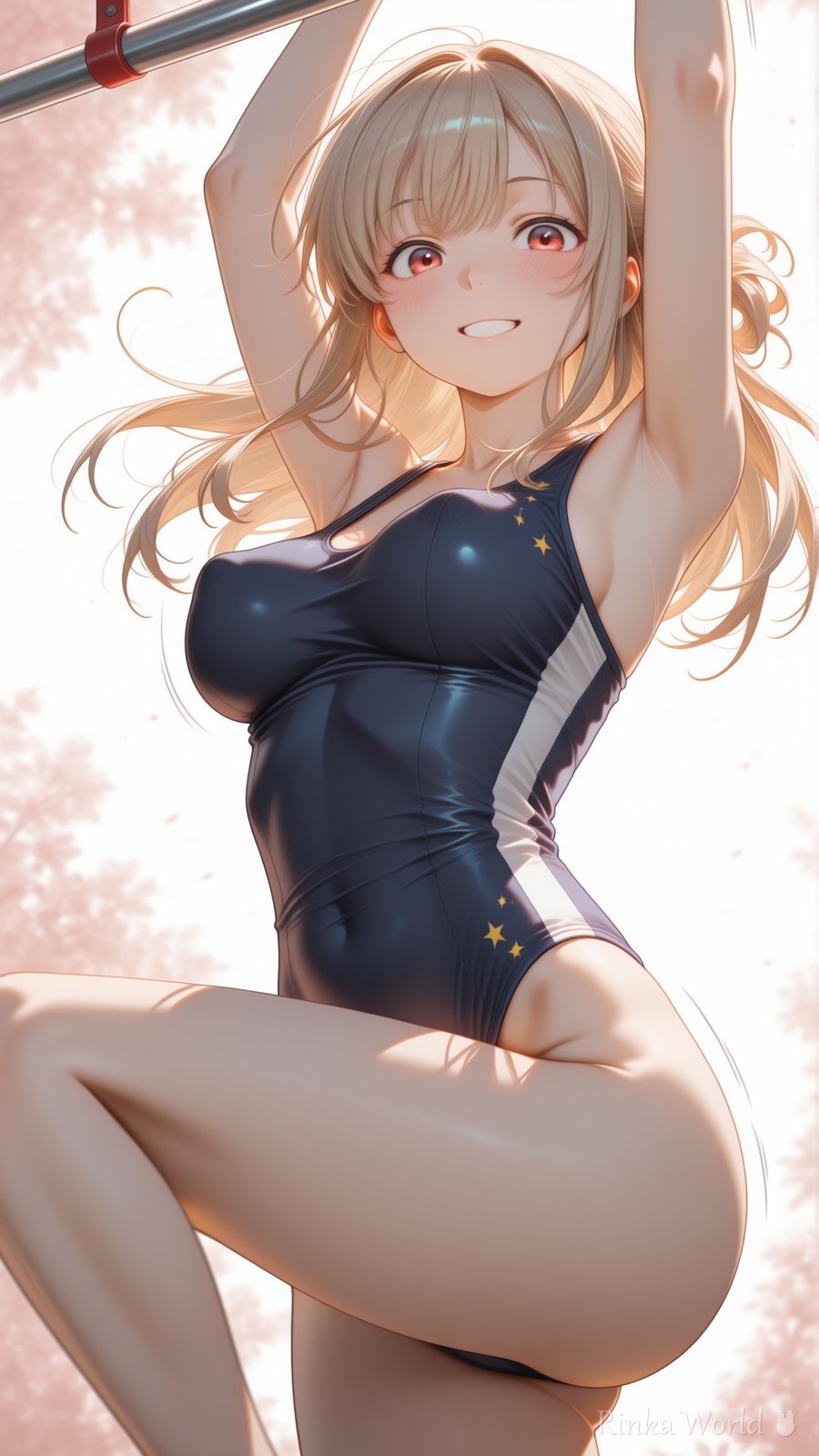 紺色の星柄水着で腕を伸ばす笑顔のAIイラスト - anime girl in navy star print swimsuit reaching up with bright smile, soft pink lighting, dreamy anime wallpaper