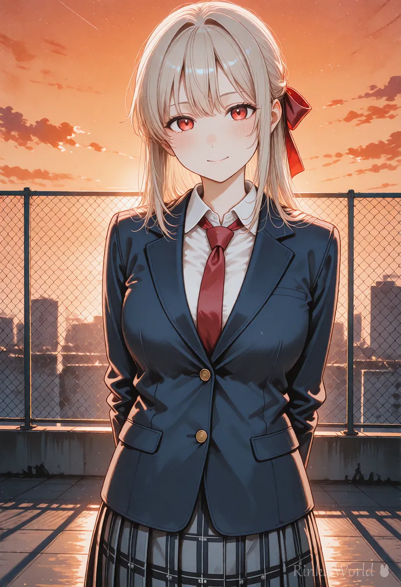 同じ女の子の背景を夕焼けの空に変えたアニメイラスト　インペイントで背景を直す参考イメージ