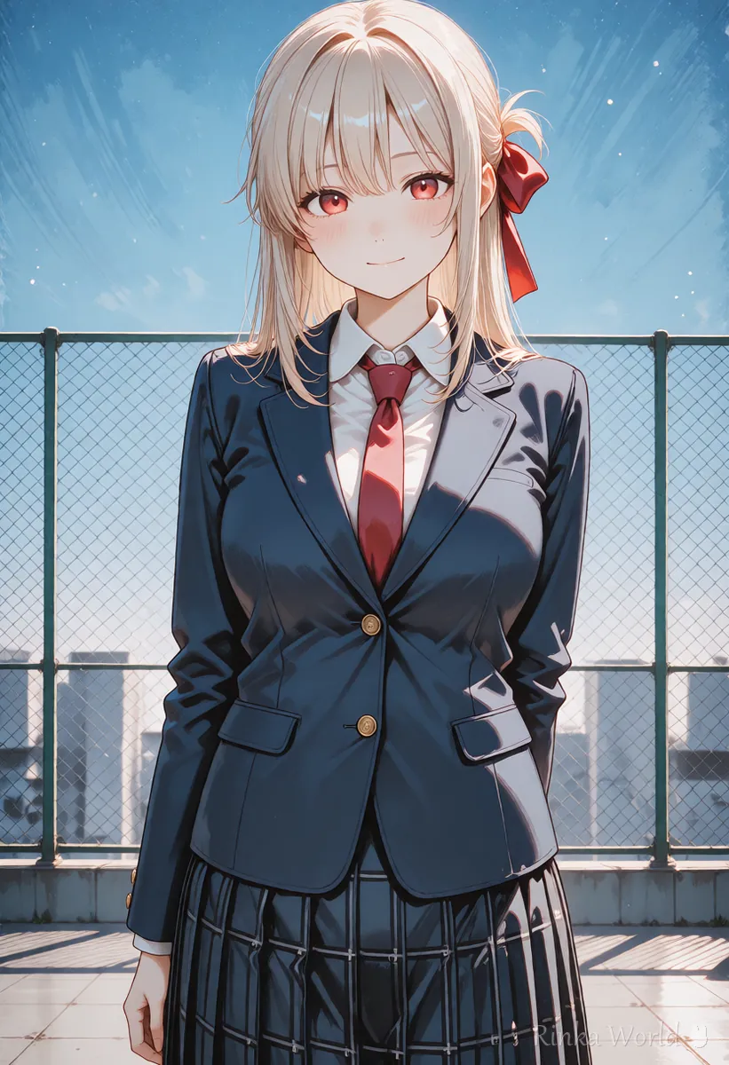 ほほえんで立つ制服の女の子のアニメイラスト　NovelAIのインペイントで直す前の元の絵の参考