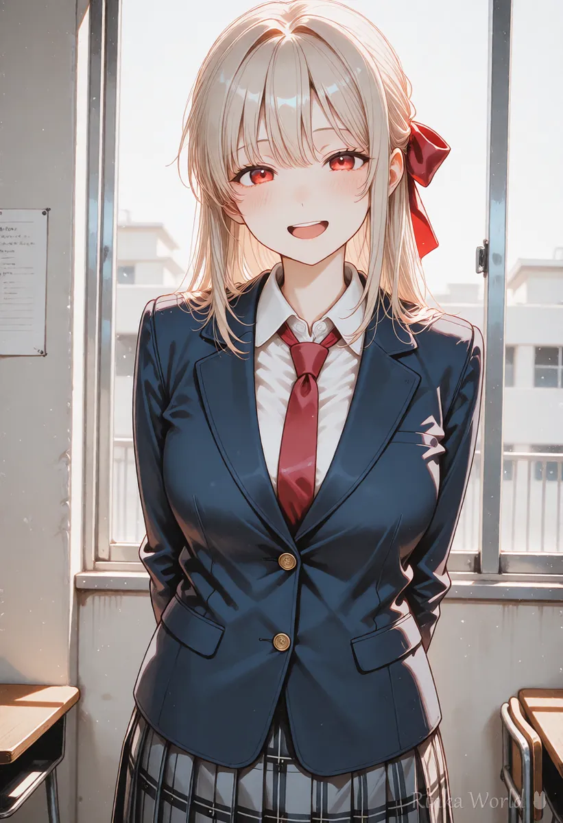 目を閉じてにっこり笑うアニメの女の子のイラスト（NovelAIで表情を変える例）