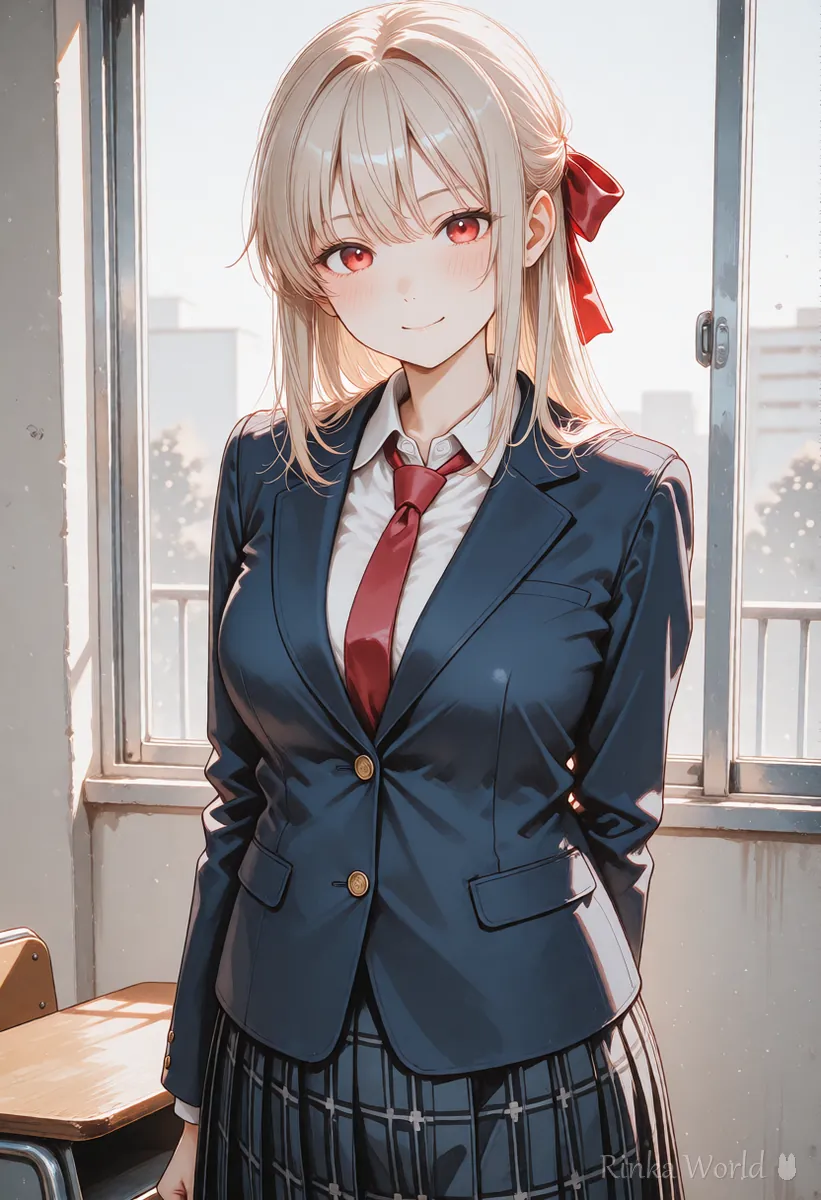 こちらを見てほほえむ赤いリボンのアニメの女の子のイラスト（NovelAIのプロンプトの書き方の例）