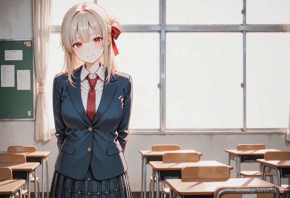 画面の左側に立つ制服の女の子と広い余白のアニメイラスト　NovelAIの複数キャラの位置指定の参考