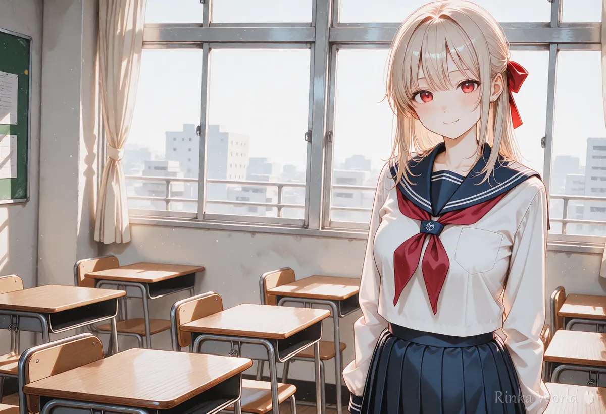 画面の右側に立つ制服の女の子と広い余白のアニメイラスト　ノベルAIで2人の並びを考える参考
