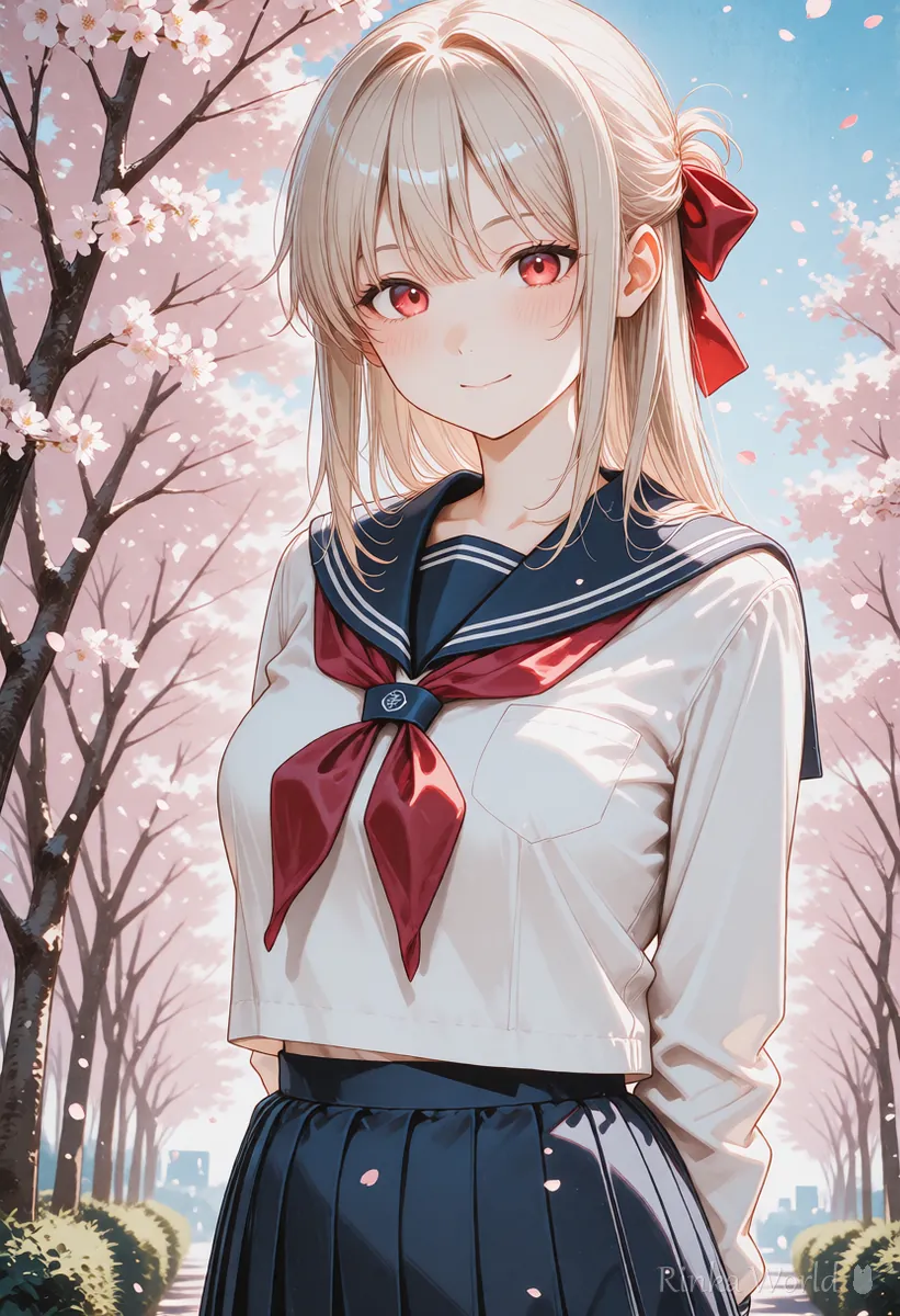 桜の下で制服を着てほほえむ女の子のアニメイラスト　NovelAIとStable Diffusionの比較の参考イメージ