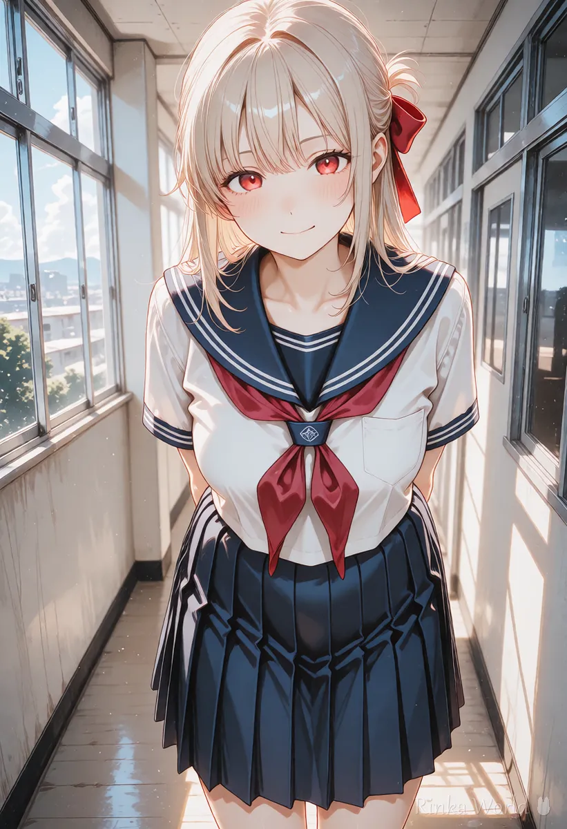 手を後ろで組んで前かがみにのぞきこむ全身の女の子のイラスト　形を細かく決める例