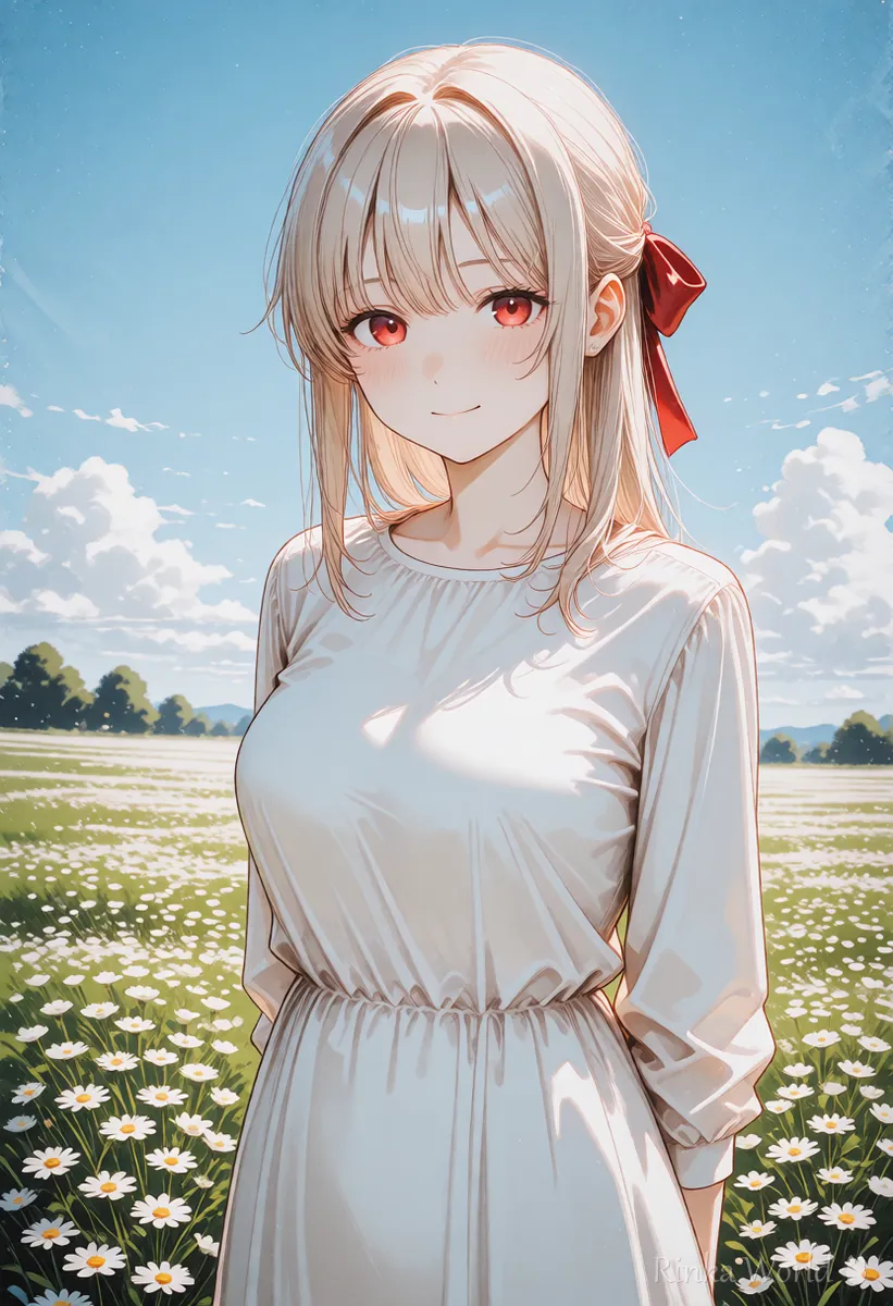 花畑でほほえむ女の子の縦長の上半身イラスト アウトペイントで広げる前の元の絵のイメージ