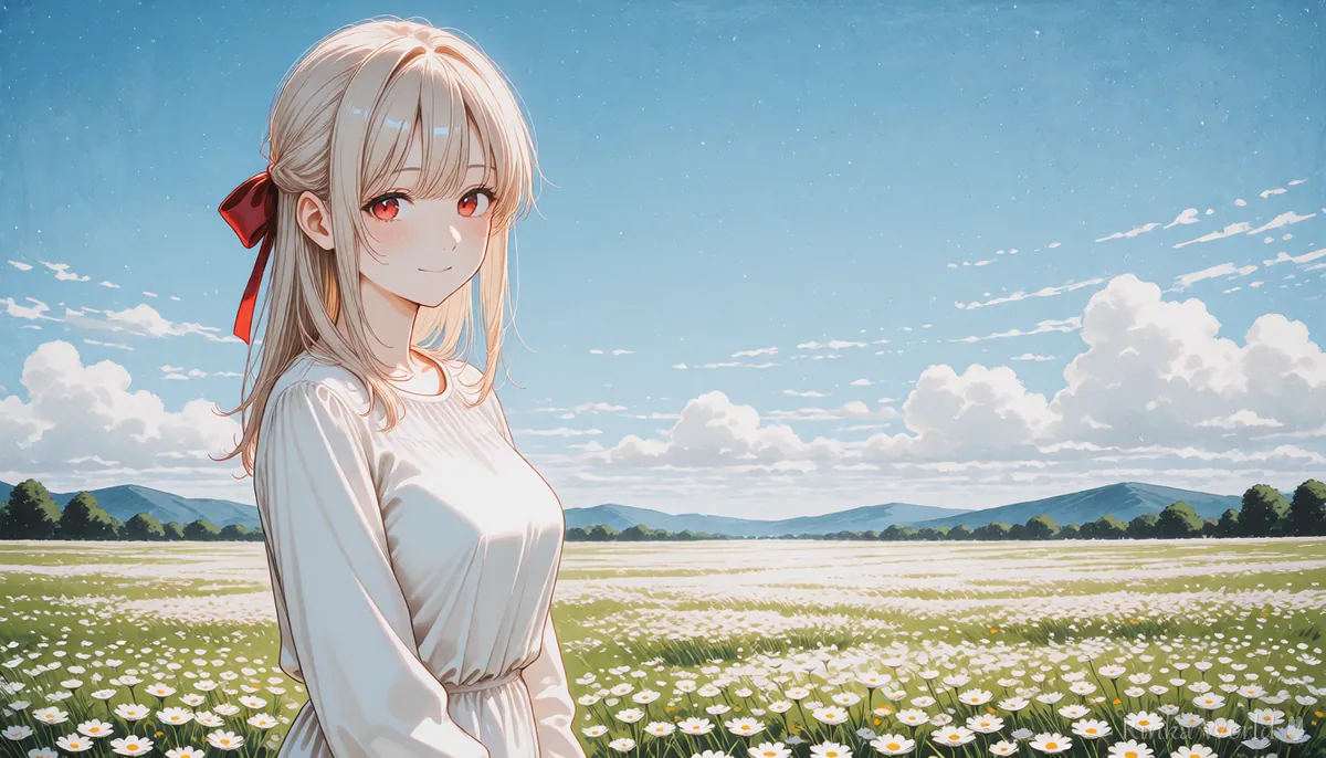 花畑と青空が左右に大きく広がる横長の風景に立つ女の子のイラスト 横長に広げた完成のイメージ