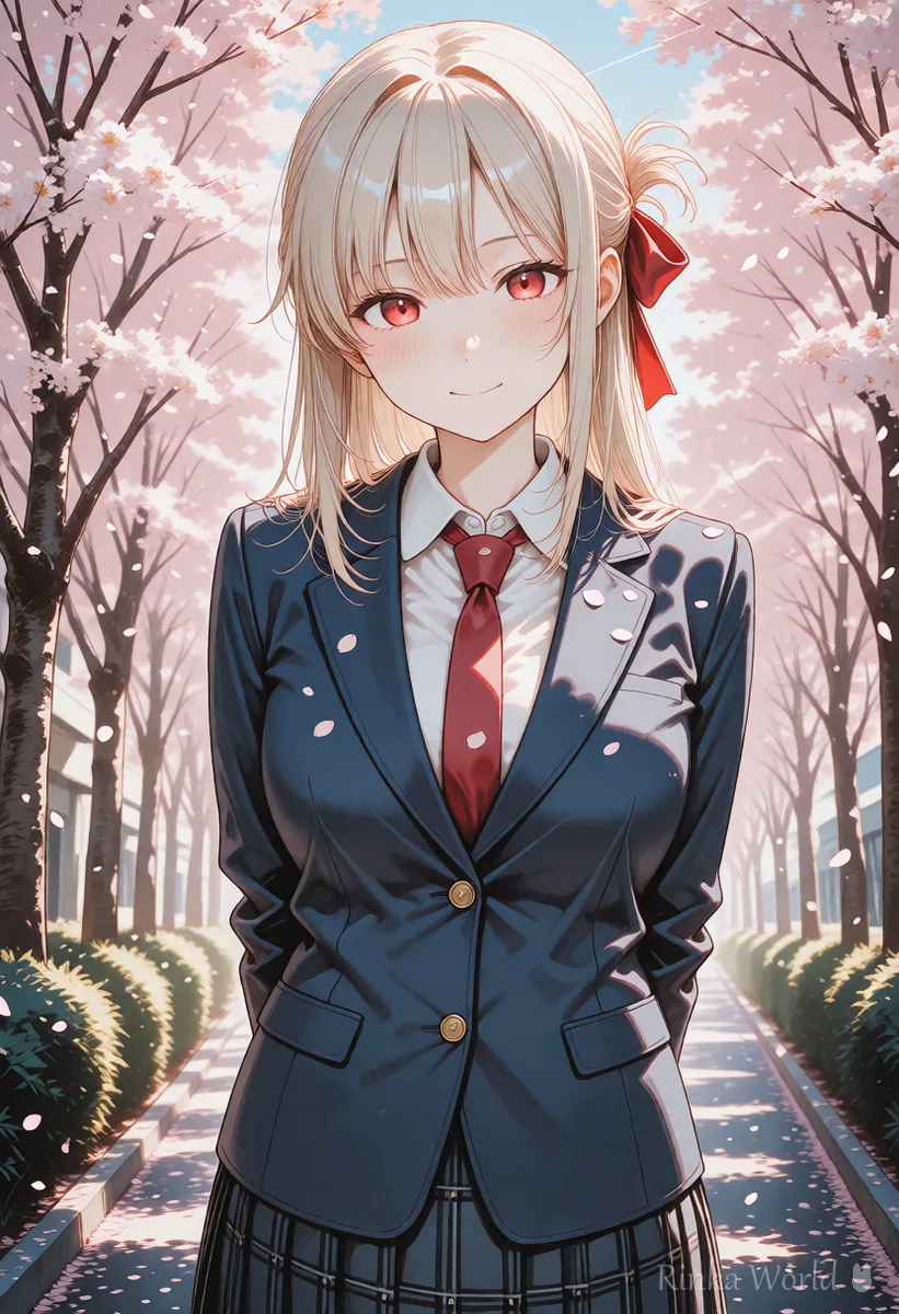桜の花びらが舞う中に立つ女の子のアニメイラスト　カメラがゆっくり寄る動画の例