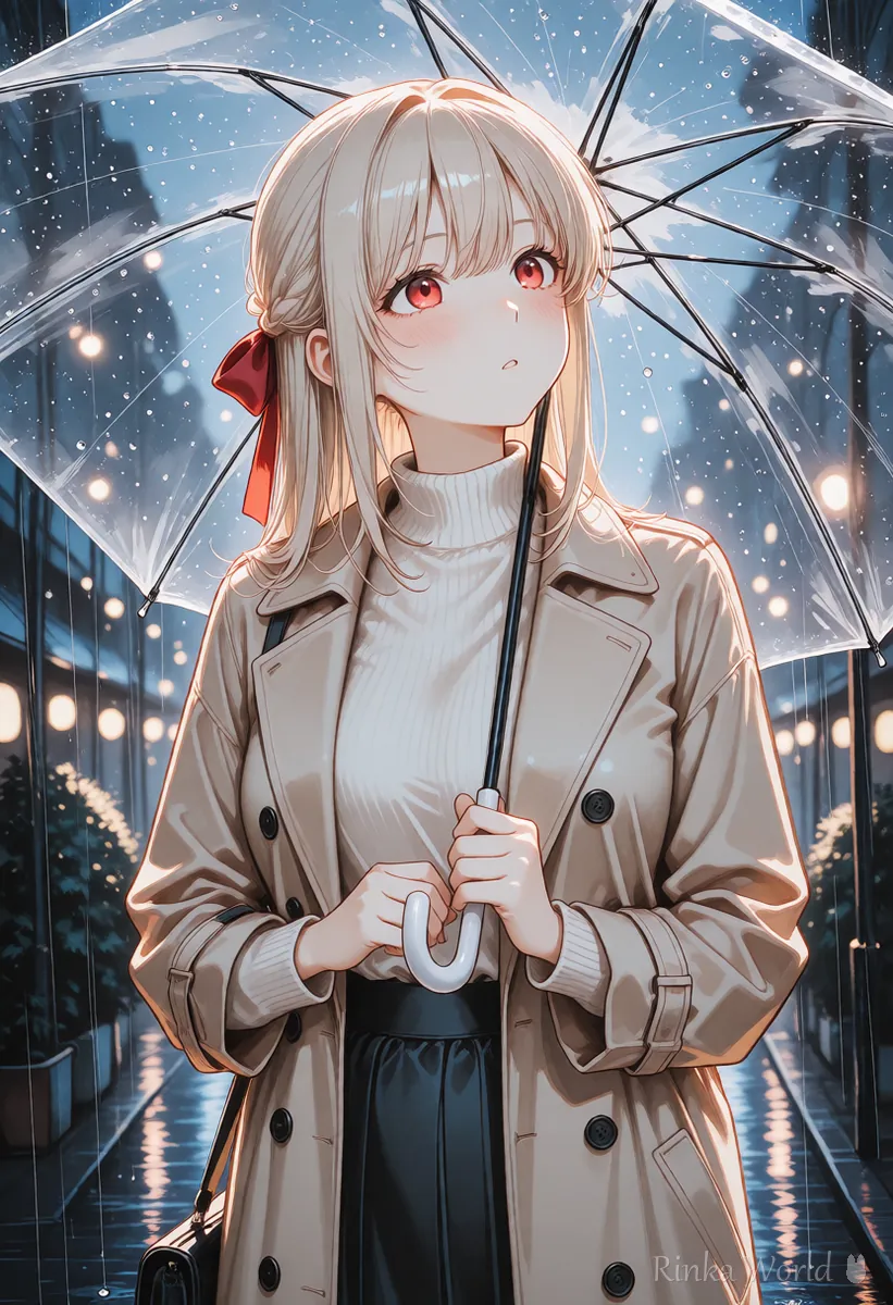 雨の街で透明な傘をさす女の子のアニメイラスト　雨が動く短い動画の1コマ目