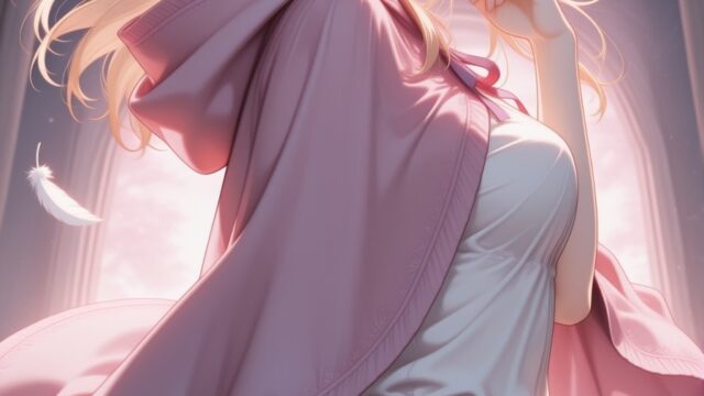 月夜に羽根が舞うピンクのフード付きマントのAIイラスト｜Pink Hooded Cloak Anime Art