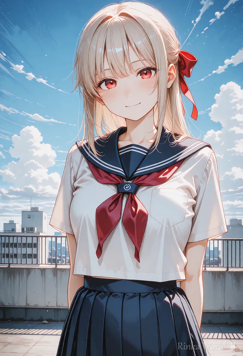 青空の屋上に立つ制服のアニメの女の子 PixAIなどでアニメ絵を作る参考イメージ