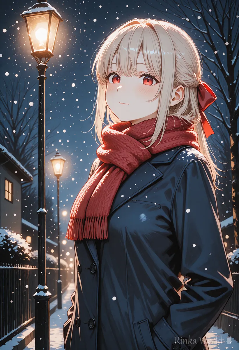 雪の夜に赤いマフラーを巻いた女の子のアニメイラスト ピクセルエーアイで季節の絵を作る参考