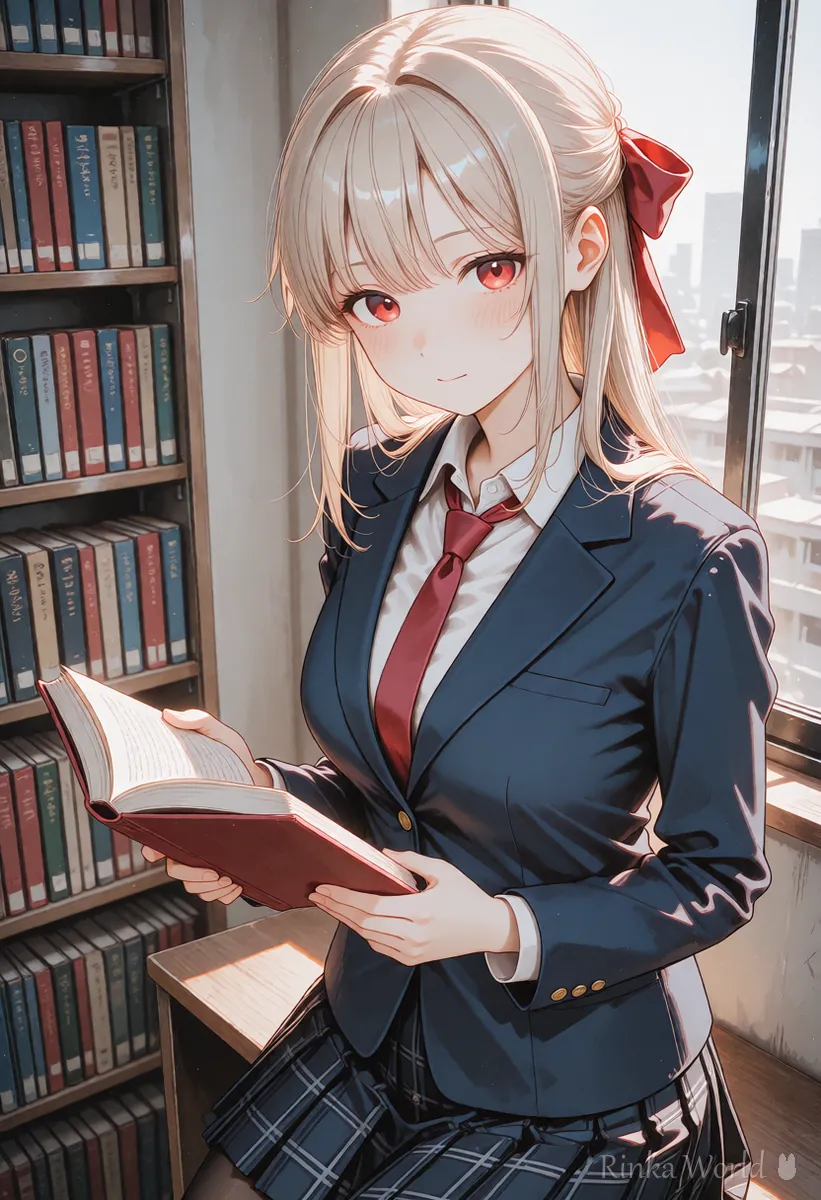 図書室の窓辺で本を読む制服の女の子のアニメイラスト　pixivに投稿する作品のイメージ