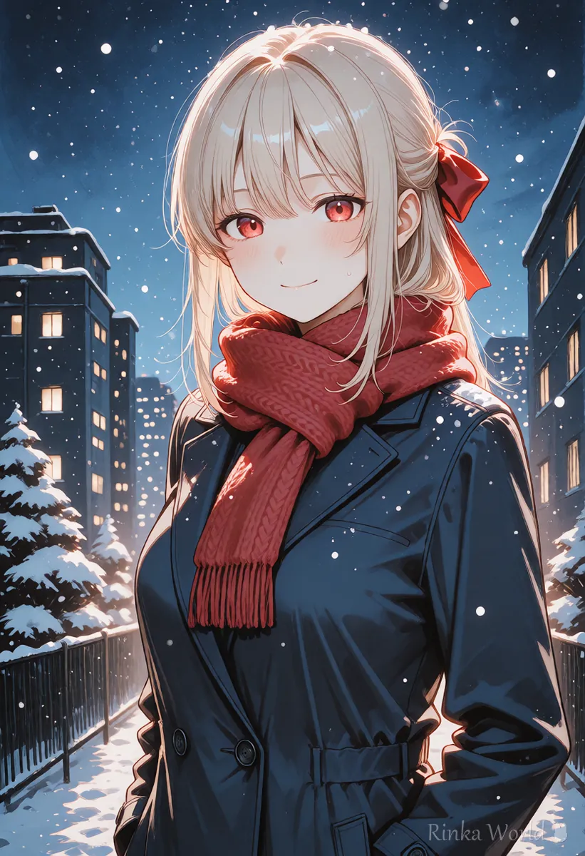 マフラーを巻いて雪の夜景の中に立つ女の子のアニメイラスト　タグのつけ方の例