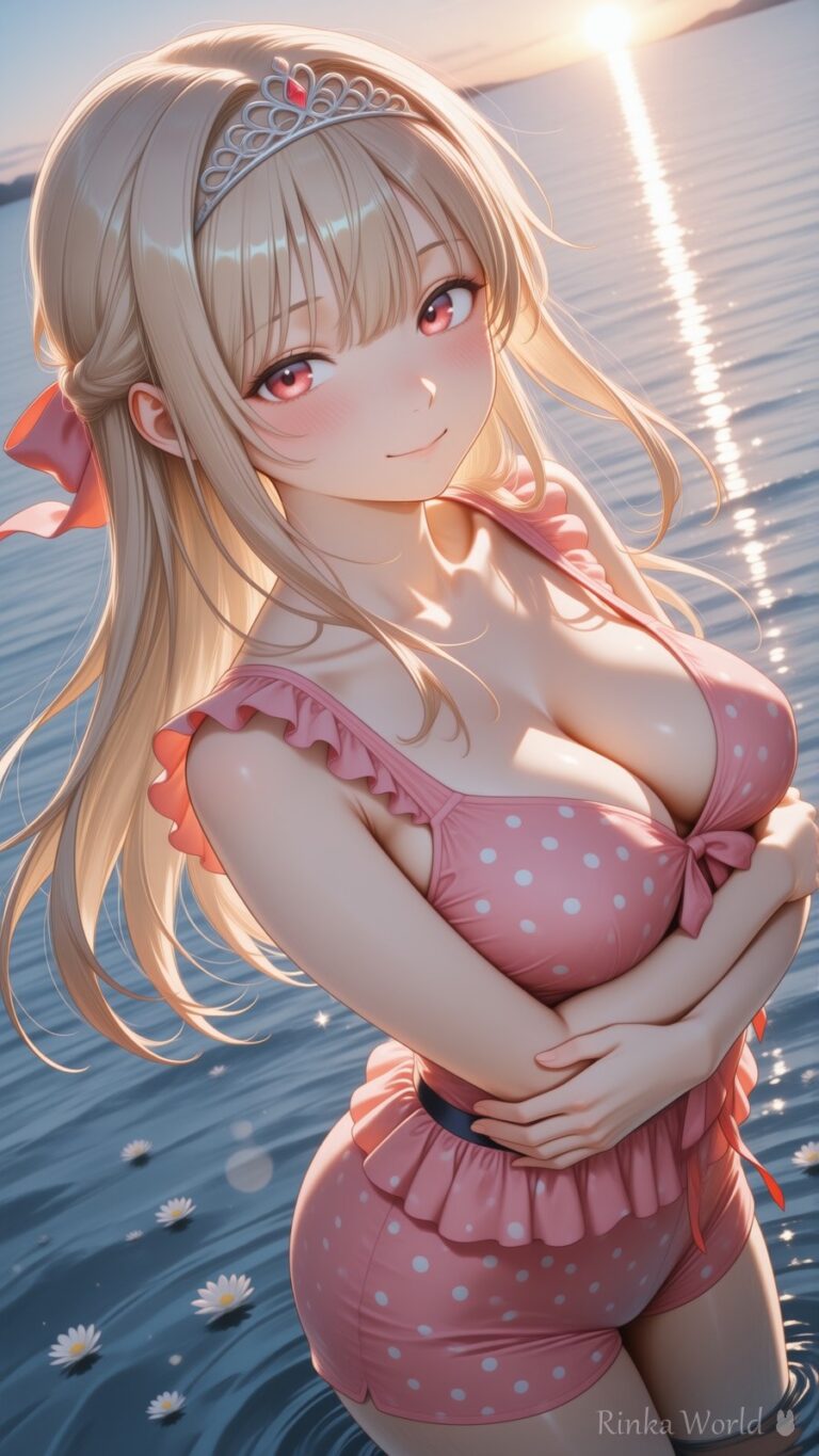 anime girl in a polka dot swimsuit standing in ocean water at sunset, golden light reflections, dreamy aesthetic anime art