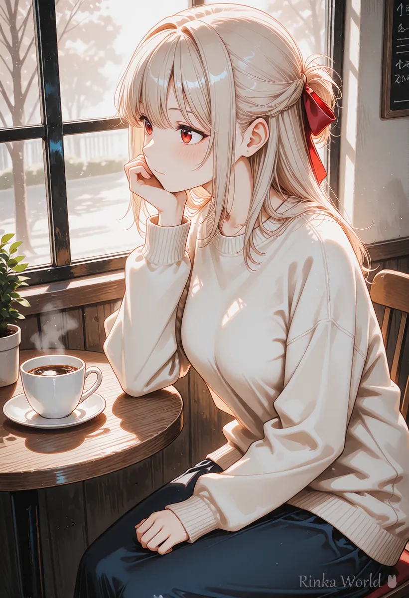 カフェの窓ぎわに座るアニメの女の子のイラスト（背景のある場面の作例）