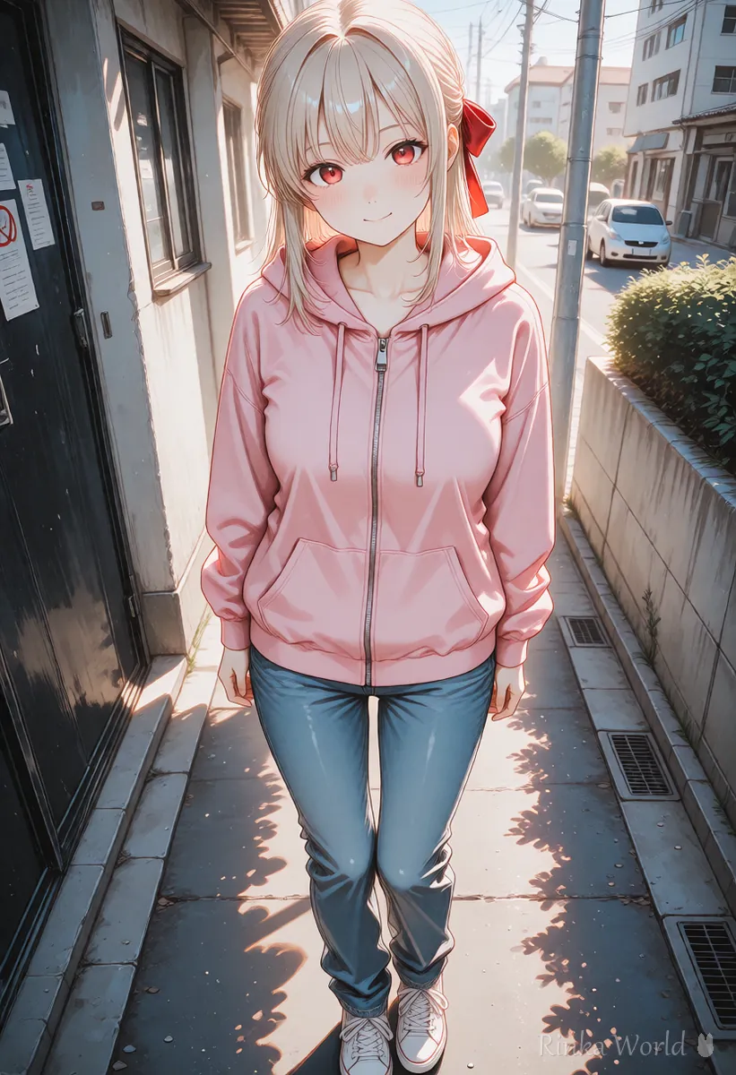 パーカー姿で立つアニメの女の子の全身イラストの作例