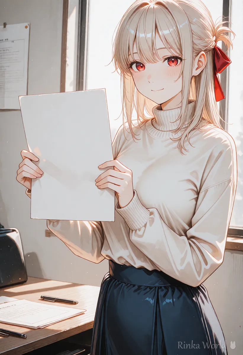 テーブルに印刷したイラストを並べて選ぶ女の子のアニメイラスト　ポートフォリオの作品を選ぶイメージ