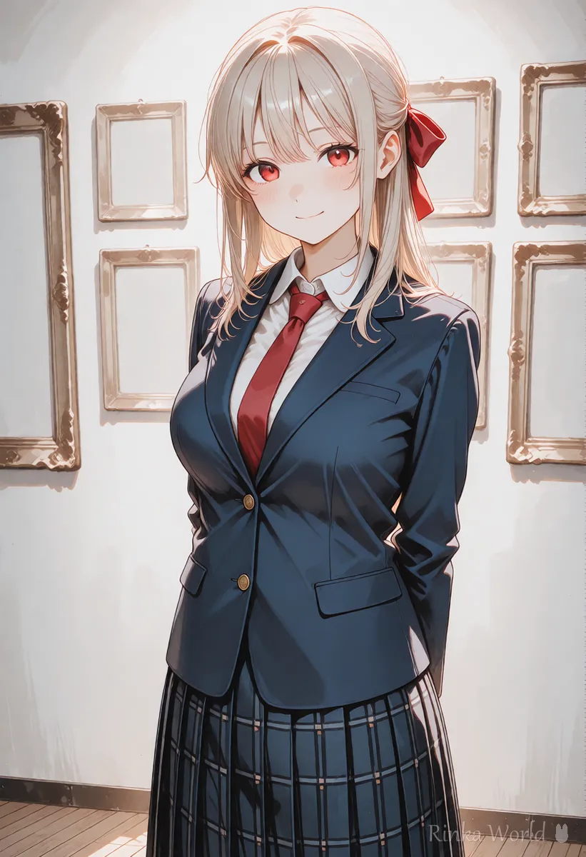 文字のない額縁が並ぶ明るい展示室に立つ制服の女の子のアニメイラスト　ポートフォリオを見せるイメージ