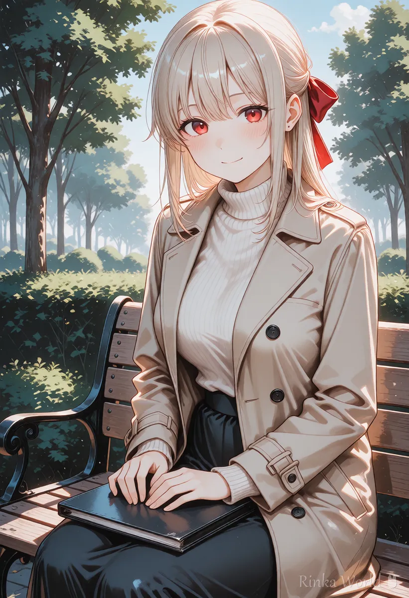 庭のベンチで閉じたファイルをひざにのせてほほえむコート姿の女の子のイラスト　作品集をまとめたイメージ