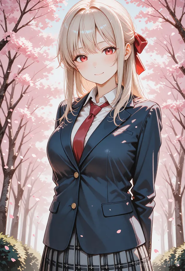 基本のプロンプトで描いた桜と制服の女の子の作例|Example of a basic prompt: girl in school uniform under cherry blossoms