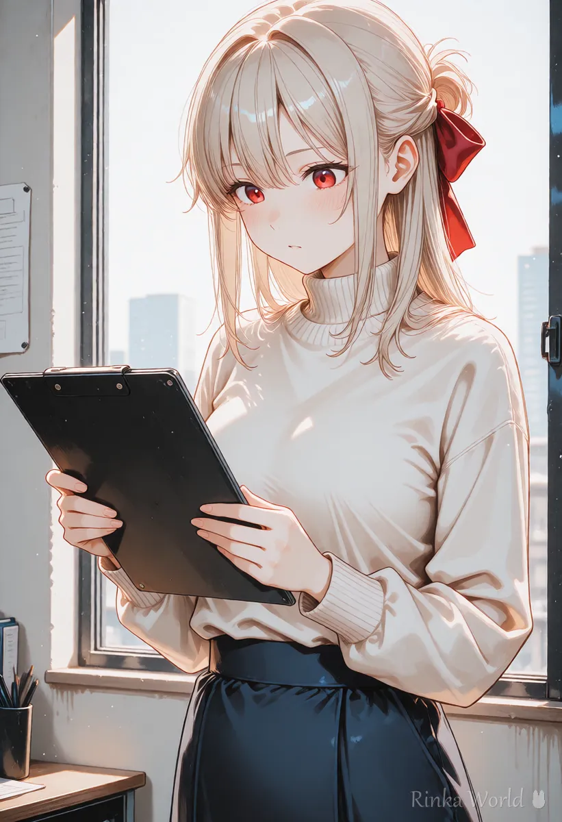 Anime girl checking a clipboard checklist, image for a prompt checklist